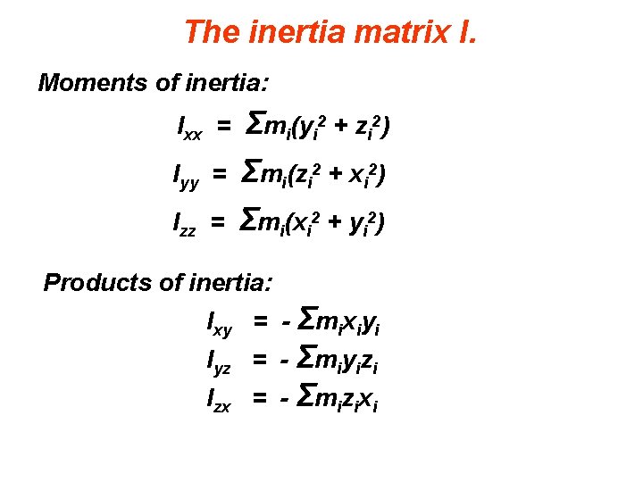 The inertia matrix I. Moments of inertia: Ixx = Σmi(yi 2 + zi 2)