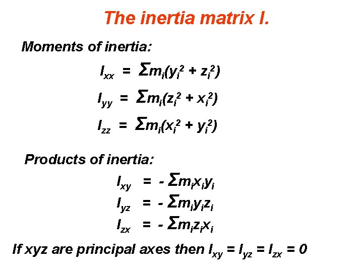 The inertia matrix I. Moments of inertia: Ixx = Σmi(yi 2 + zi 2)
