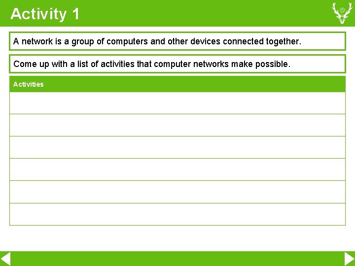 Activity 1 A network is a group of computers and other devices connected together.