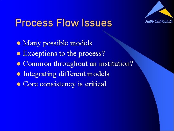 Process Flow Issues Many possible models l Exceptions to the process? l Common throughout