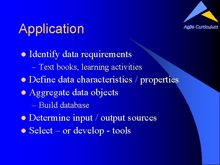 Application l Identify data requirements – Text books, learning activities Define data characteristics /