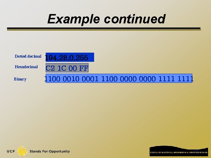 Example continued Dotted decimal Hexadecimal Binary 194. 28. 0. 255 C 2 1 C