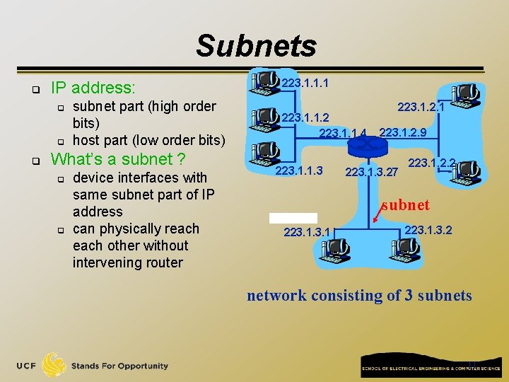 Subnets q IP address: q q q subnet part (high order bits) host part
