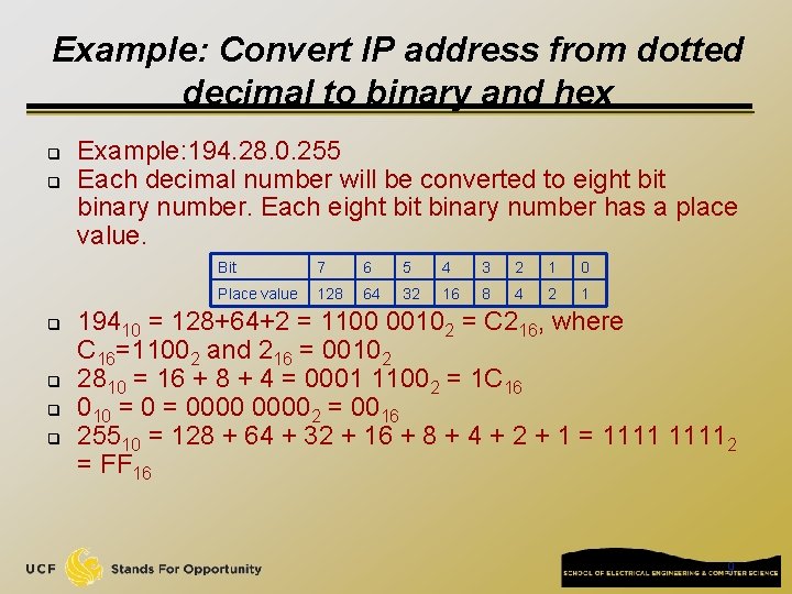 Example: Convert IP address from dotted decimal to binary and hex q q q