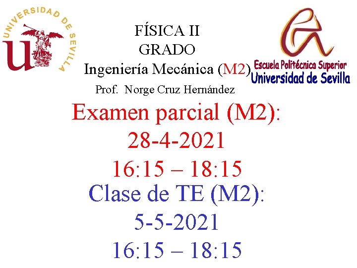 FÍSICA II GRADO Ingeniería Mecánica (M 2) Prof. Norge Cruz Hernández Examen parcial (M