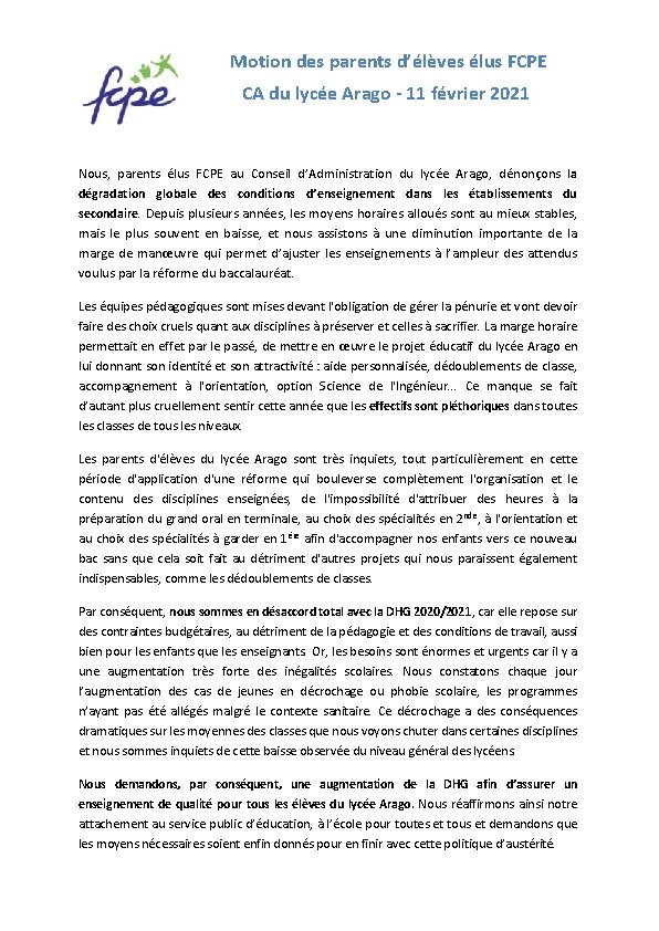 Motion des parents d’élèves élus FCPE CA du lycée Arago - 11 février 2021