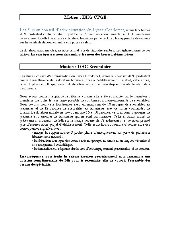 Motion : DHG CPGE Les élus au conseil d’administration du Lycée Condorcet, réunis le