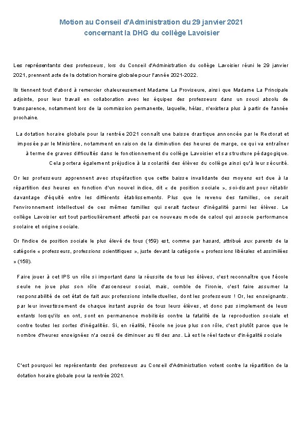Motion au Conseil d'Administration du 29 janvier 2021 concernant la DHG du collège Lavoisier