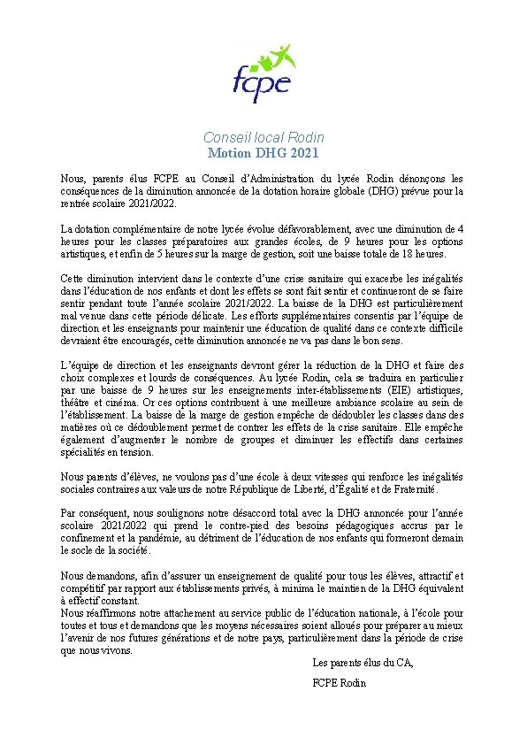 Conseil local Rodin Motion DHG 2021 Nous, parents élus FCPE au Conseil d’Administration du