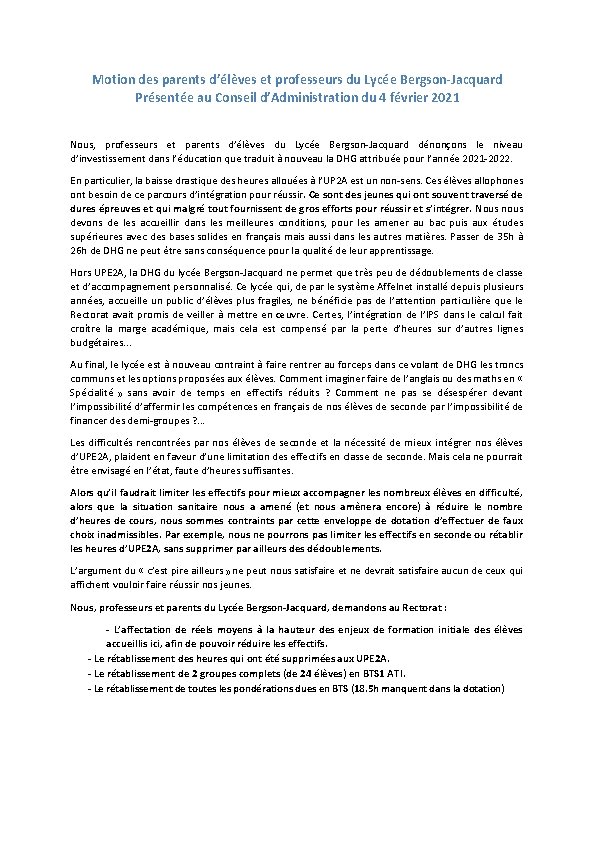 Motion des parents d’élèves et professeurs du Lycée Bergson-Jacquard Présentée au Conseil d’Administration du