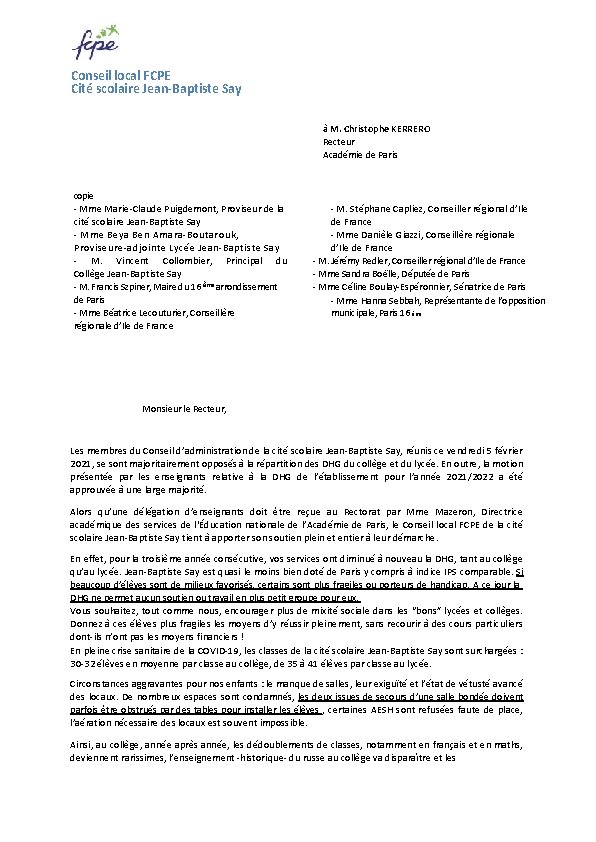 Conseil local FCPE Cité scolaire Jean-Baptiste Say à M. Christophe KERRERO Recteur Académie de