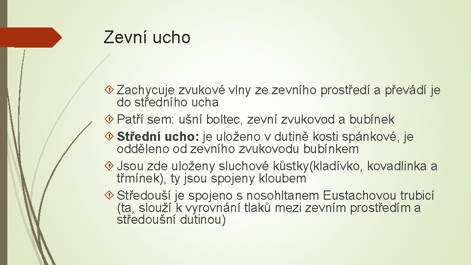 Zevní ucho Zachycuje zvukové vlny ze zevního prostředí a převádí je do středního ucha