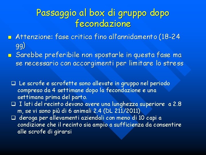 Passaggio al box di gruppo dopo fecondazione n n Attenzione: fase critica fino all’annidamento