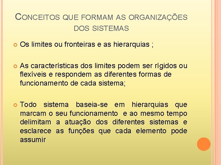 CONCEITOS QUE FORMAM AS ORGANIZAÇÕES DOS SISTEMAS Os limites ou fronteiras e as hierarquias