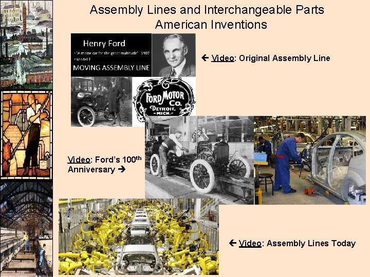 Assembly Lines and Interchangeable Parts American Inventions Video: Original Assembly Line Video: Ford’s 100