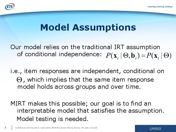 Model Assumptions Statistics A Model for Scaling Linking and Reporting ThroughCourse