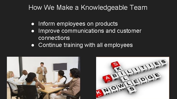 How We Make a Knowledgeable Team ● Inform employees on products ● Improve communications