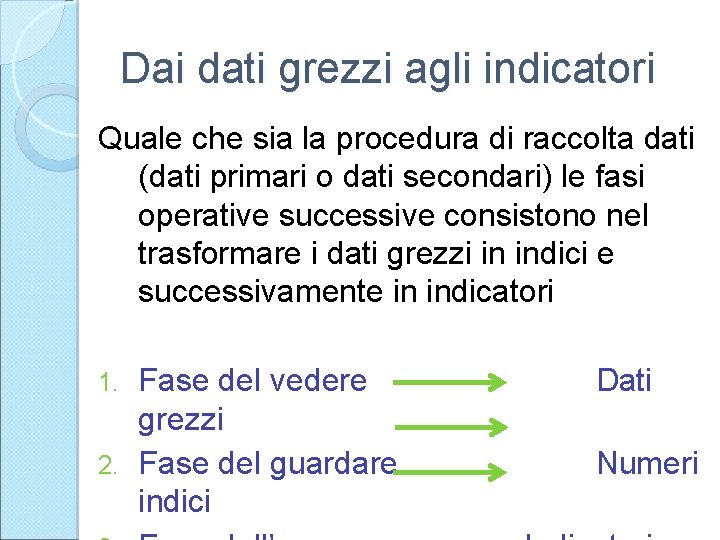 Dai dati grezzi agli indicatori Quale che sia la procedura di raccolta dati (dati