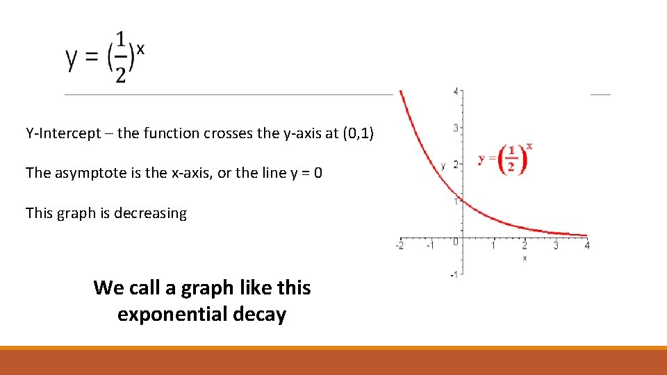 Y-Intercept – the function crosses the y-axis at (0, 1) The asymptote is the