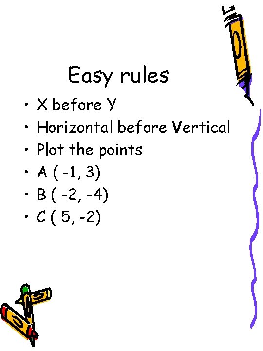 Easy rules • • • X before Y Horizontal before Vertical Plot the points