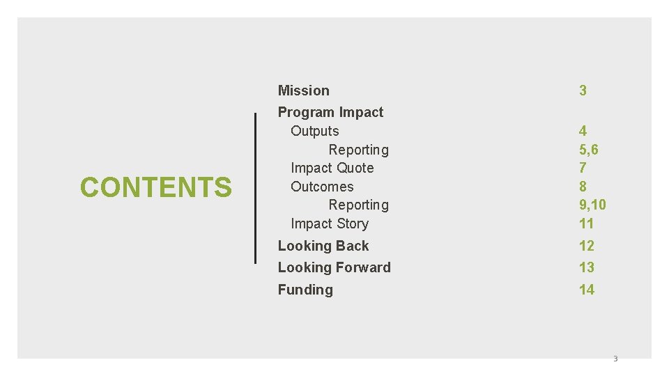 CONTENTS Mission 3 Program Impact Outputs Reporting Impact Quote Outcomes Reporting Impact Story 4