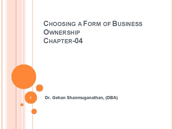 CHOOSING A FORM OF BUSINESS OWNERSHIP CHAPTER-04 1 Dr. Gehan Shanmuganathan, (DBA) 