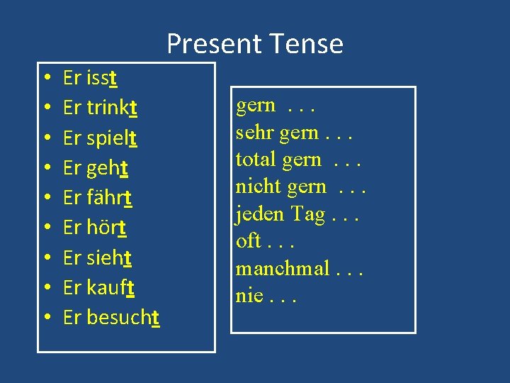 Present Tense • • • Er isst Er trinkt Er spielt Er geht Er