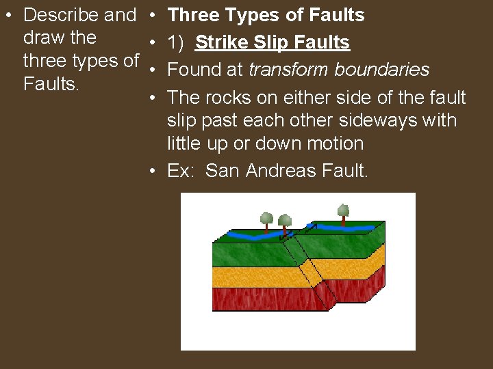  • Describe and • Three Types of Faults draw the • 1) Strike