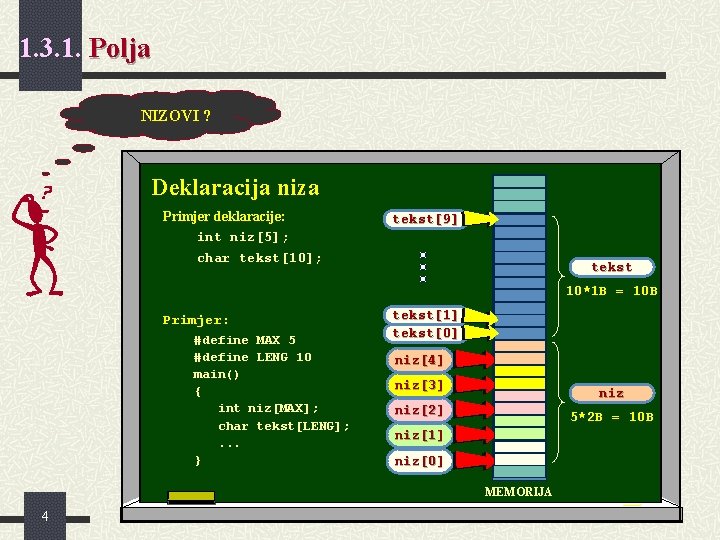 1. 3. 1. Polja NIZOVI ? Deklaracija niza Primjer deklaracije: int niz[5]; char tekst[10];