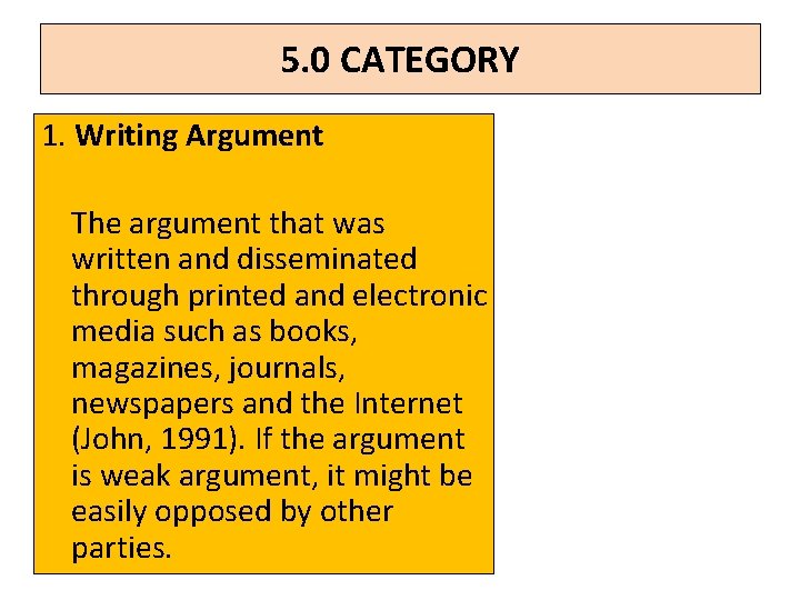 5. 0 CATEGORY 1. Writing Argument The argument that was written and disseminated through