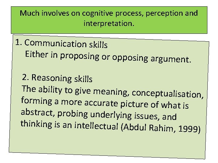 Much involves on cognitive process, perception and interpretation. 1. Communication skills Either in proposing