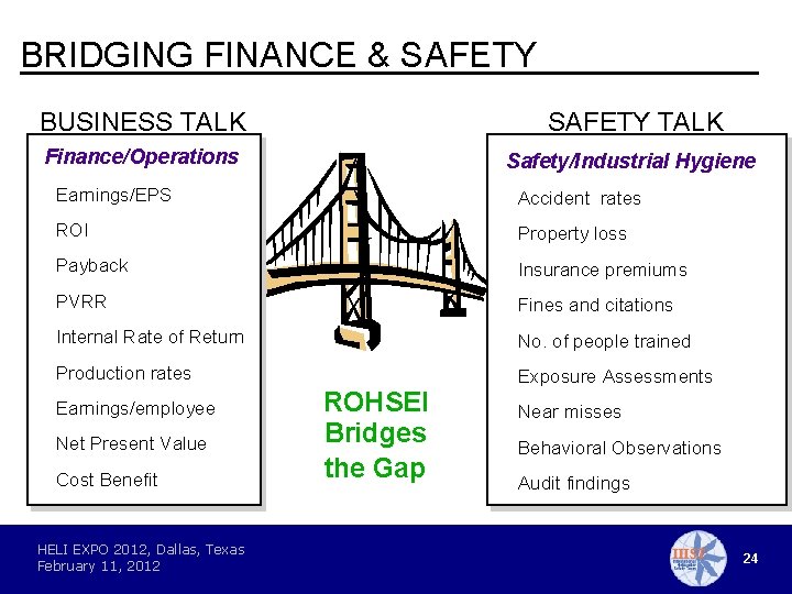 BRIDGING FINANCE & SAFETY BUSINESS TALK SAFETY TALK Finance/Operations Safety/Industrial Hygiene Earnings/EPS Accident rates