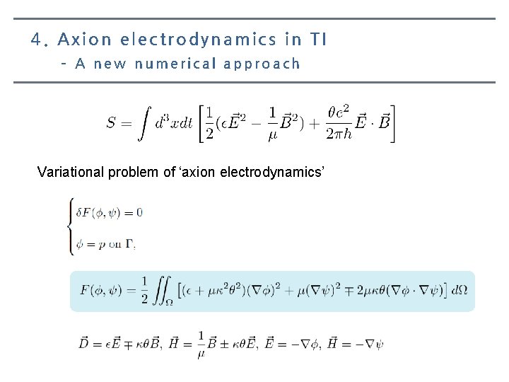 4. Axion electrodynamics in TI – A new numerical approach Variational problem of ‘axion