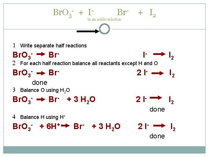 Br. O 3 - + I- Br- in an acidic solution + I 2