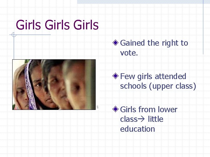 Girls Gained the right to vote. Few girls attended schools (upper class) Girls from
