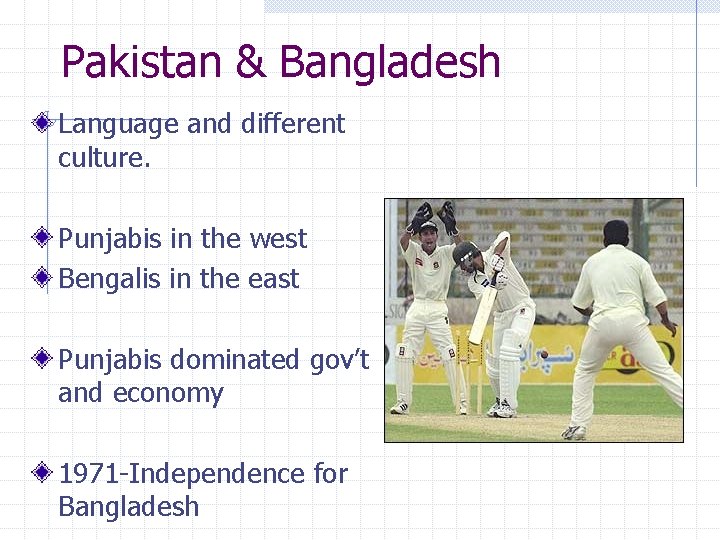 Pakistan & Bangladesh Language and different culture. Punjabis in the west Bengalis in the