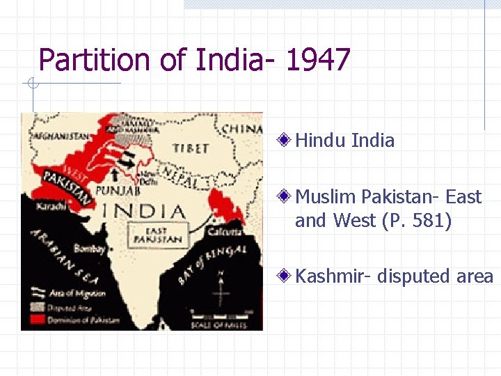 Partition of India- 1947 Hindu India Muslim Pakistan- East and West (P. 581) Kashmir-