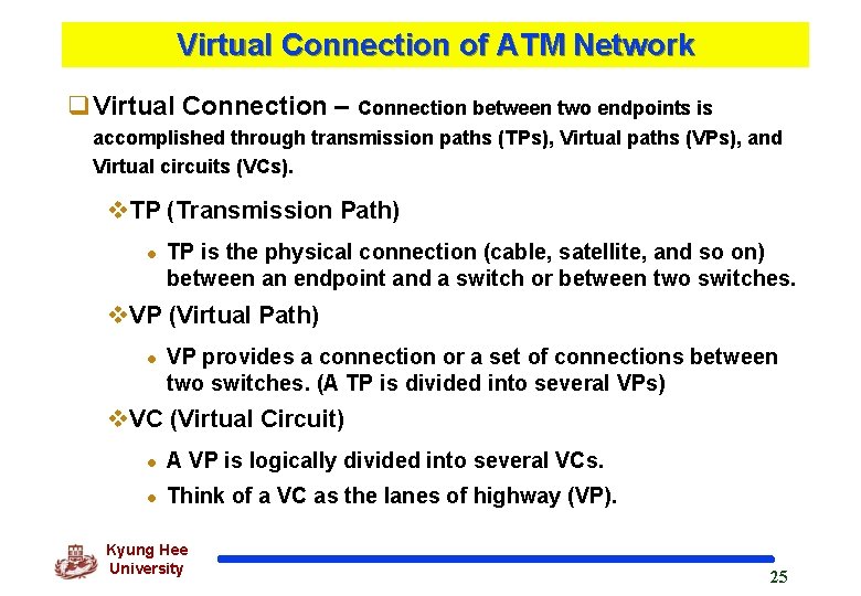 Virtual Connection of ATM Network q. Virtual Connection – Connection between two endpoints is