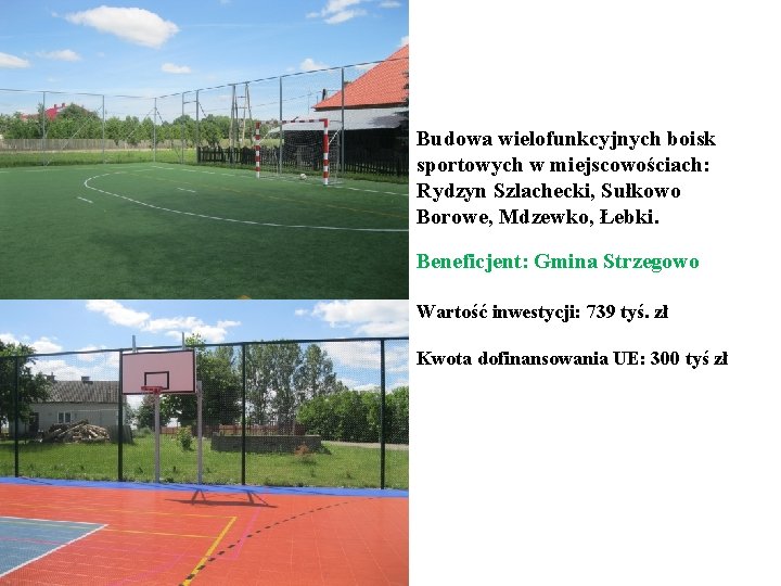 Budowa wielofunkcyjnych boisk sportowych w miejscowościach: Rydzyn Szlachecki, Sułkowo Borowe, Mdzewko, Łebki. Beneficjent: Gmina