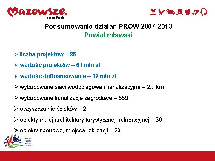 Podsumowanie działań PROW 2007 -2013 Powiat mławski Ø liczba projektów – 86 Ø wartość