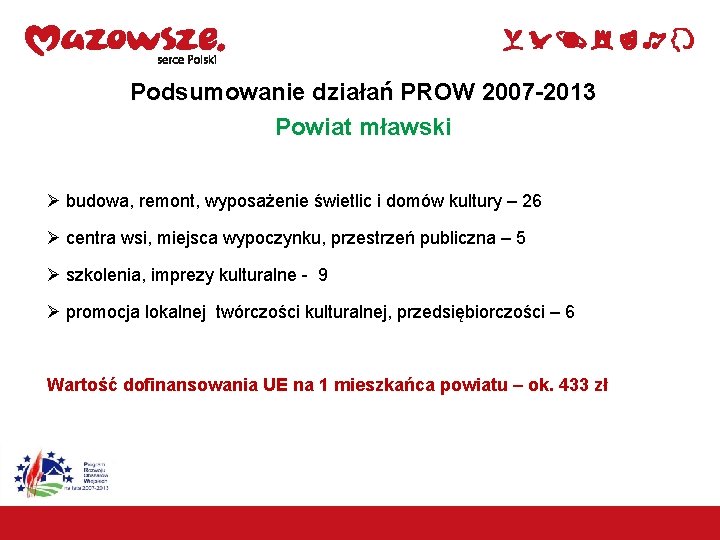 Podsumowanie działań PROW 2007 -2013 Powiat mławski Ø budowa, remont, wyposażenie świetlic i domów