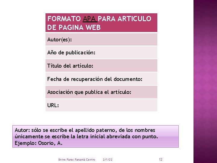 FORMATO APA PARA ARTICULO DE PAGINA WEB Autor(es): Año de publicación: Título del artículo: