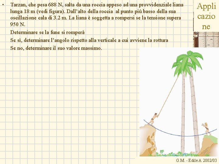 • Tarzan, che pesa 688 N, salta da una roccia appeso ad una • Tarzan, che pesa 688 N, salta da una roccia appeso ad una