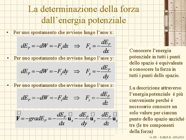 La determinazione della forza dall’energia potenziale • Per uno spostamento che avviene lungo l’asse La determinazione della forza dall’energia potenziale • Per uno spostamento che avviene lungo l’asse