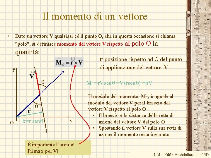 Il momento di un vettore • Dato un vettore V qualsiasi ed il punto Il momento di un vettore • Dato un vettore V qualsiasi ed il punto