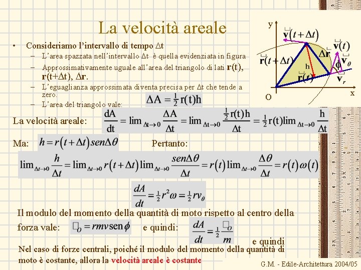 La velocità areale • y Consideriamo l’intervallo di tempo Dt – L’area spazzata nell’intervallo La velocità areale • y Consideriamo l’intervallo di tempo Dt – L’area spazzata nell’intervallo