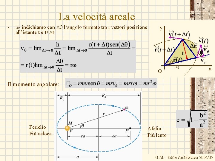La velocità areale • Se indichiamo con Dq l’angolo formato tra i vettori posizione La velocità areale • Se indichiamo con Dq l’angolo formato tra i vettori posizione