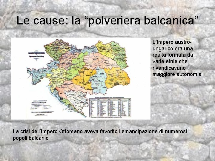 Le cause: la “polveriera balcanica” L’Impero austroungarico era una realtà formata da varie etnie
