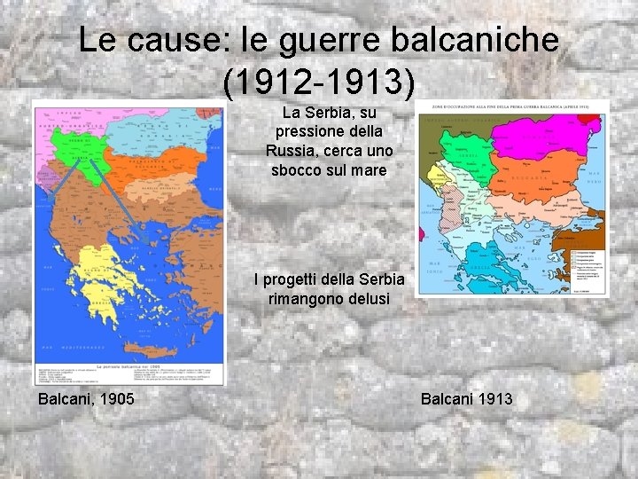 Le cause: le guerre balcaniche (1912 -1913) La Serbia, su pressione della Russia, cerca