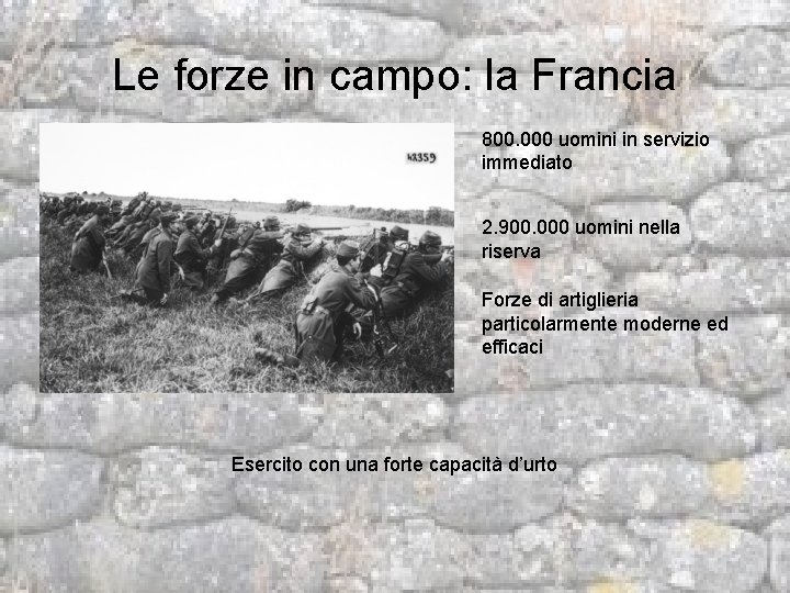 Le forze in campo: la Francia 800. 000 uomini in servizio immediato 2. 900.